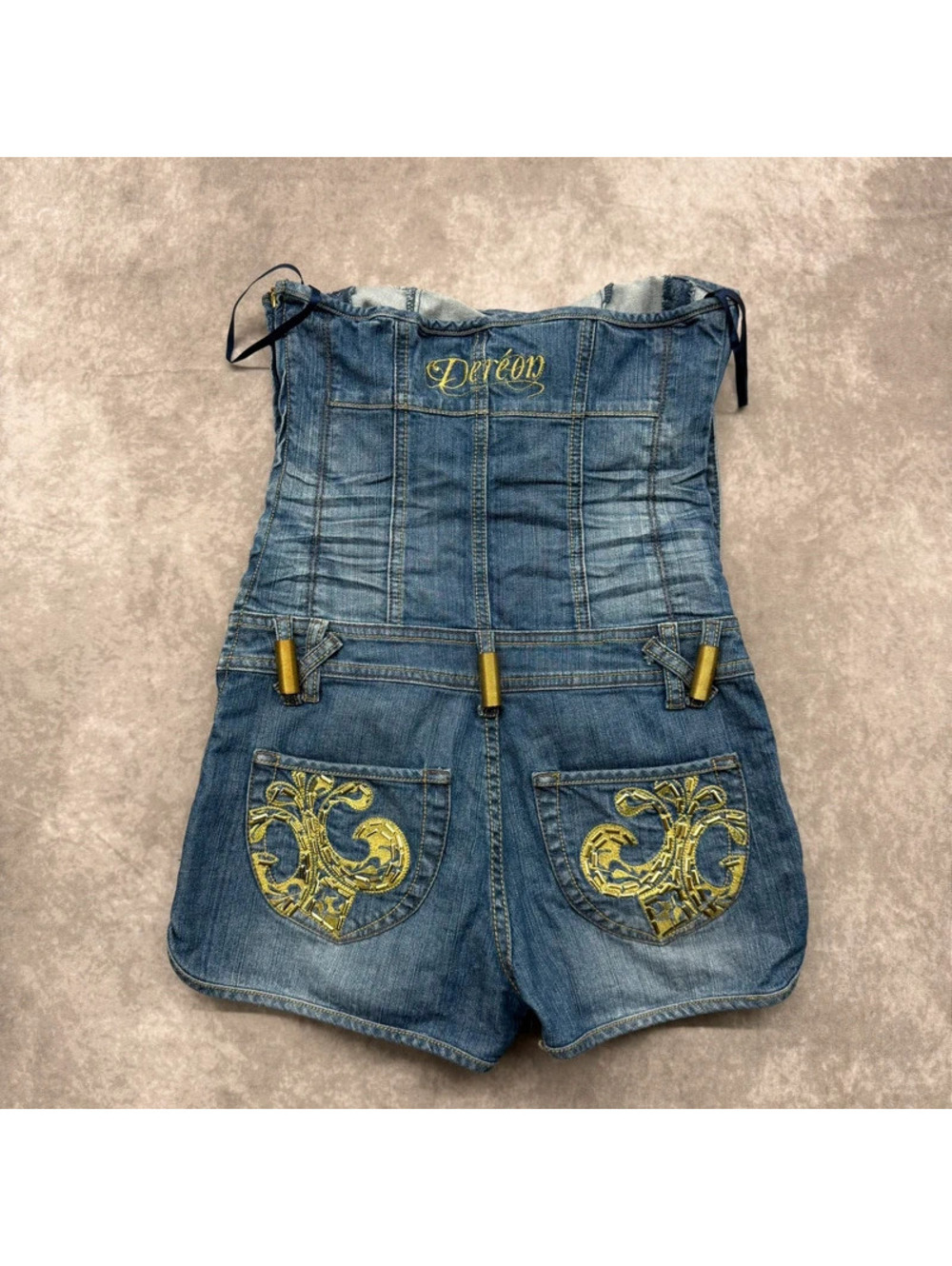 Vintage Y2K Deréon Beyonce Denim Romper Strapless Shorts Jumpsuit Small